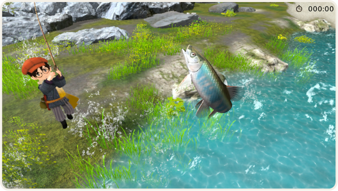 釣り人が竿を引き上げて水面から大きな魚を釣り上げた瞬間が表示されているゲーム画面。